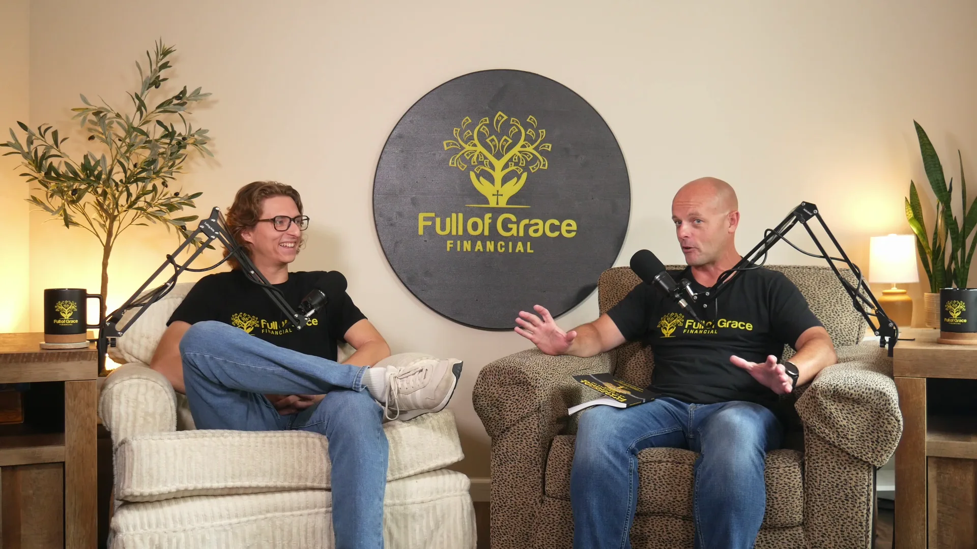 Two hosts recording a Full of Grace Financial podcast episode in a cozy studio